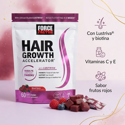 Force Factor Hair Growth Accelerator – Gomitas con Lustriva® y Biotina | 60 gomitas